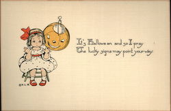 Girl Sitting on Chair Near Hanging Jack O'Lantern Postcard