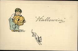 Boy Scaring Dog with Jack O'Lantern Halloween Postcard Postcard Postcard