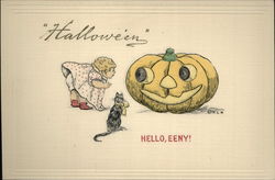 Girl and Black Cat Staring at Jack O'Lantern Postcard