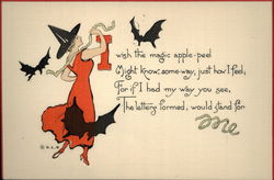 Witch Dressed in Red With Flying Bats Halloween Postcard Postcard Postcard