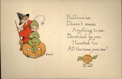 Girl Witch and Goblin With Jack O'Lantern Halloween Postcard Postcard Postcard