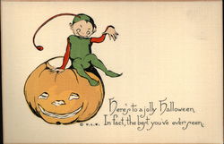 Halloween Imp Sitting on a Jack-O-Lantern Postcard Postcard Postcard