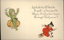 Child Goblin and Young Witch in Red Halloween Postcard Postcard Postcard