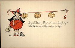 Young Witch in Red and Strung Jack O'Lanterns Halloween Postcard Postcard Postcard