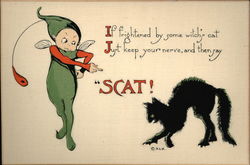 Goblin Telling Black Cat to "Scat!" Halloween Postcard Postcard Postcard