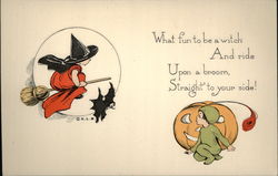 Young Witch Riding Broom at Full Moon Postcard