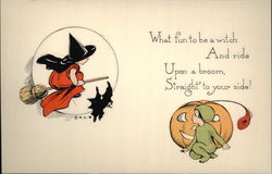 Child Witch Riding Broom Postcard