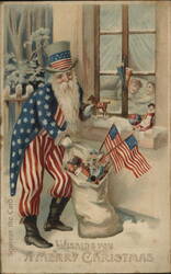 RARE Uncle Sam Santa Claus Squeaker with Toys and Flags Postcard