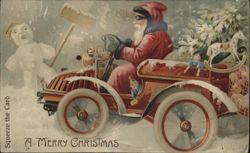 RARE Squeaker Santa in Automobile with Snowman Postcard