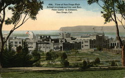 View of San Diego High Schoo overlooking City and Bay, Point Loma in distance. California Postcard Postcard Postcard