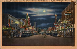 Looking West on Fremont Street toward Union Pacific Station at Night Las Vegas, NV Postcard Postcard Postcard