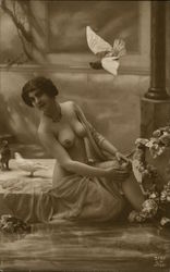 Topless Woman Sitting with Doves French Nudes Postcard Postcard Postcard