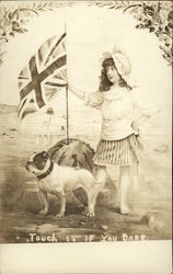 Girl with UK Flag and Bulldog Dogs Postcard Postcard Postcard