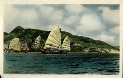 Fishing Boats Sailing by a Hillside Hong Kong China Postcard Postcard Postcard