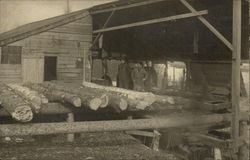 Logs at a Lumber Mill with Workers Postcard