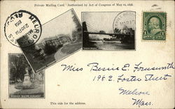 Hannah Duston Monument, Bradford Academy, and "Chain Bridge", Merrimac River Postcard