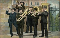 Six Men Blowing Horns Outside a Gate Postcard