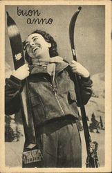 Buon Anno - Woman Holding Skis Skiing Postcard Postcard Postcard