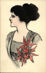 Watercolor Painting of a Woman Profile with Red Flowers Postcard