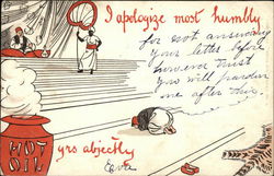 Apology Card with Hot Oil and Man Bowing down to Leader Comic, Funny Postcard Postcard Postcard