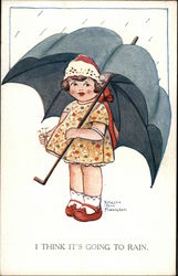 Illustration - Girl Under Big Black Umbrella Girls Postcard Postcard Postcard