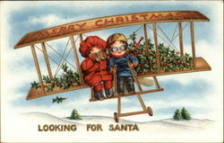 Illustration of Children Flying an Airplane with Mistletoe Postcard Postcard Postcard