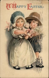 A Boy and Girl with Flowers on Easter With Children Postcard Postcard Postcard