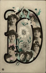 Letter D with Faces of Women and Flowers Alphabet Letters Postcard Postcard Postcard