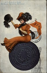 Syracuse University Woman with Flag on Emblem Postcard