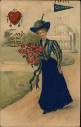 To My Love - Columbia Pennat and Girl in Blue Holding Bouquet Postcard