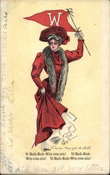 Woman in Red with Flag - University of Wisconsin College Girls Postcard Postcard Postcard