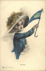 UC Woman Wearing a Hat and Waving a Flag College Girls Postcard Postcard Postcard