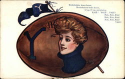 Yale University - Football With Insignia, Penant and Woman in High Blue Collar Postcard