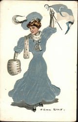 Columbia University Girl Waving Pennant Postcard