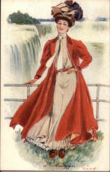 Illustration - Woman in front of Niagara Falls Women Postcard Postcard Postcard