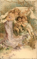 Woman with Children - Embossed with Gold Accents Postcard