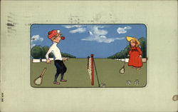 Two Children Playing Tennis Postcard