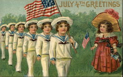 July 4th Greetings with Sailor Boys, Girl, and American F lags 4th of July Postcard Postcard Postcard