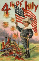 4th of July with Fireworks and Boy holding American Flag Postcard