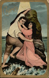 Couple on a Rock Surrounded by the Ocean Romance & Love Postcard Postcard Postcard