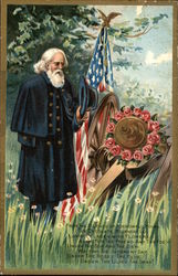 Civil War Veteran Stands Solemnly By U.S. Flag and Cannon Adorned with Flowers Memorial Day Postcard Postcard Postcard