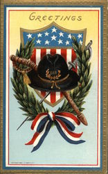 Greetings with a USA Shield, Horseshoe Wreath, Sword, and Hat with GAR Initials Postcard