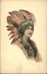 Painting of woman in Native American headdress Native Americana Postcard Postcard Postcard