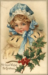 All Good Wishes for Christmas - with Young Girl in Blue Bonnet Children Postcard Postcard Postcard