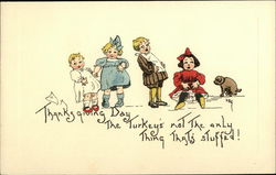 Children and Dog with Full Bellies after Thanksgiving Supper Postcard