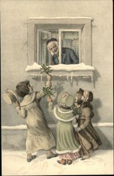 Older Man Receiving Flowers from Three Children Outside His Window Postcard Postcard Postcard