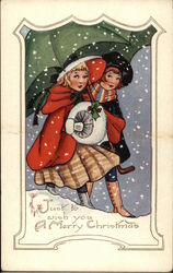 Girls Under Umbrella with Falling Snow Children Postcard Postcard Postcard