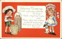 Valentine Greetings - Boy Reading Stockticker and Girl with Dog Postcard