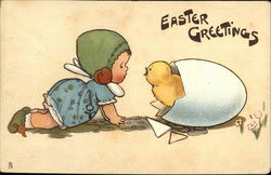 Easter Greetings with Toddler and Chick With Chicks Postcard Postcard Postcard