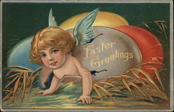 Easter Greeting with Cherub and Colored Eggs Postcard